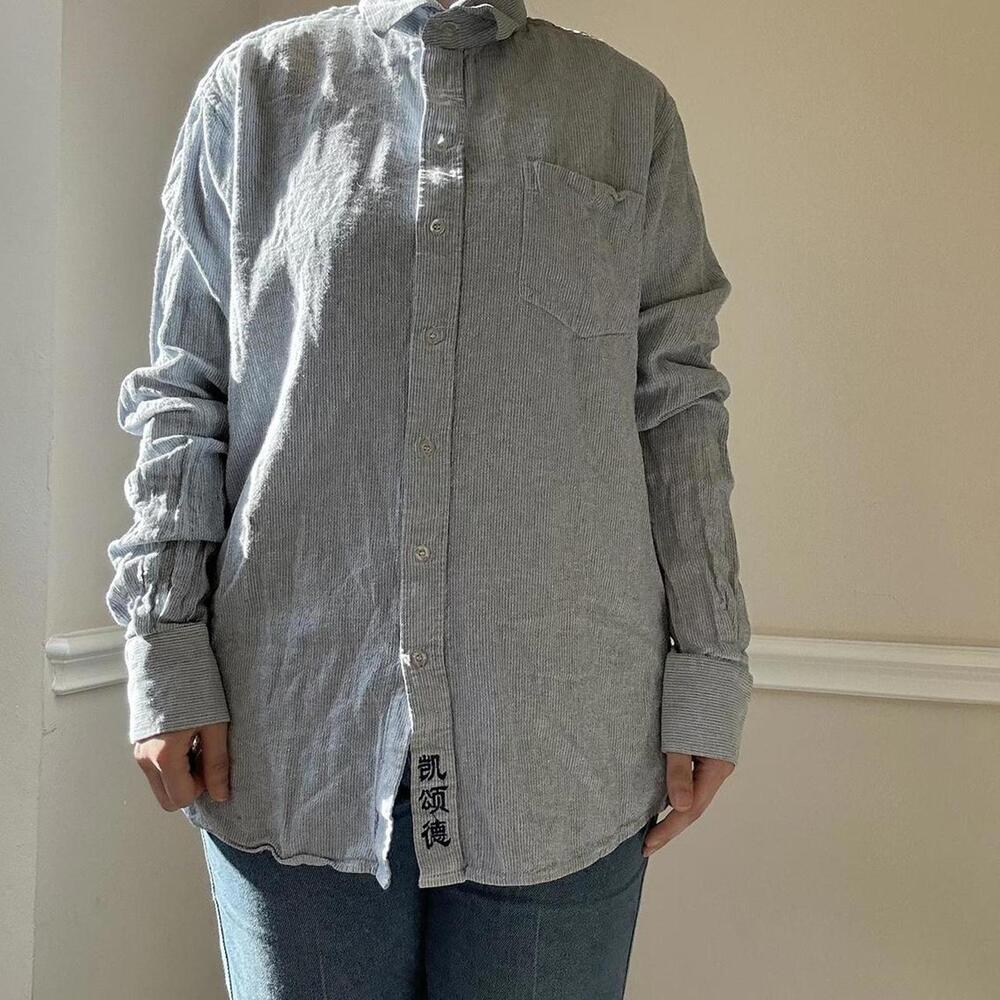Vintage linen blue and white striped long sleeve button down